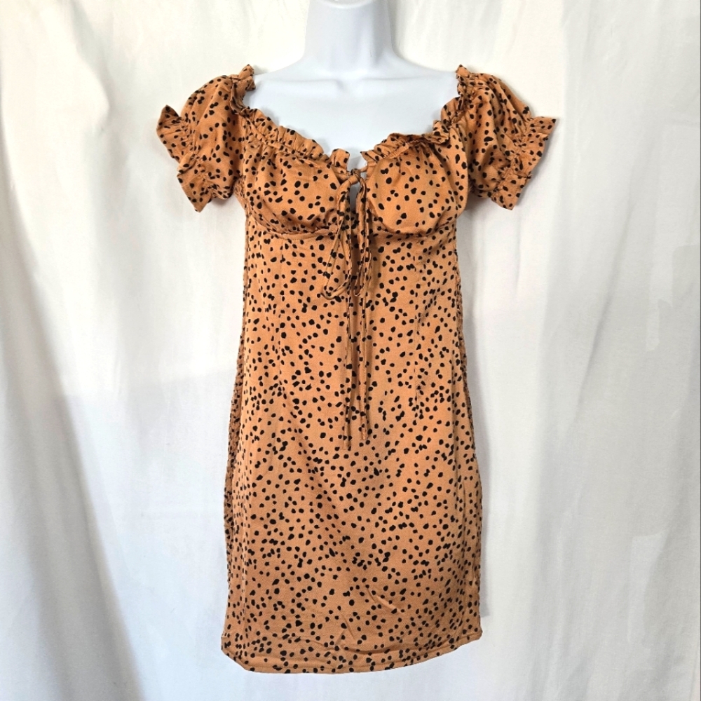 Princess Polly Short Tan/Black Print Babydoll Puffy Sleeves. Size US 8